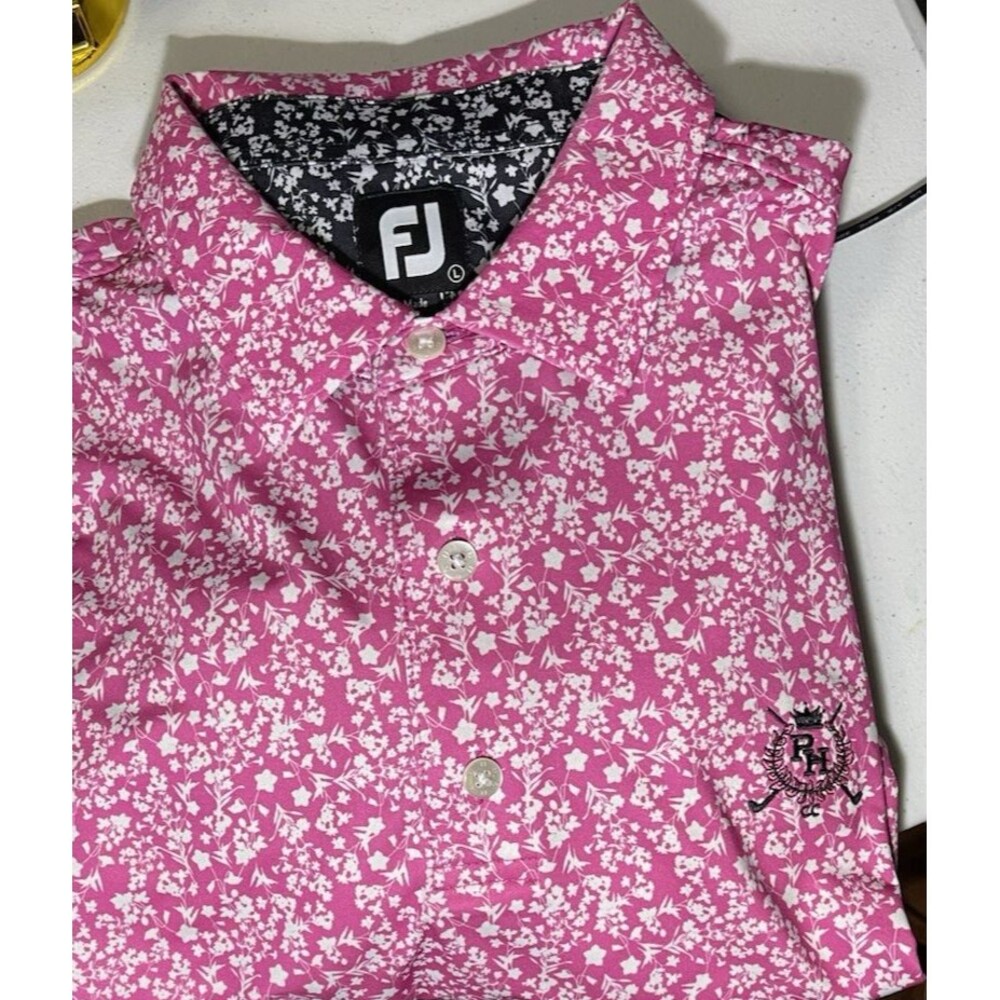 FootJoy Floral Vines Lisle Golf Polo Shirt Bright Pink Embroidered PH? Men Large